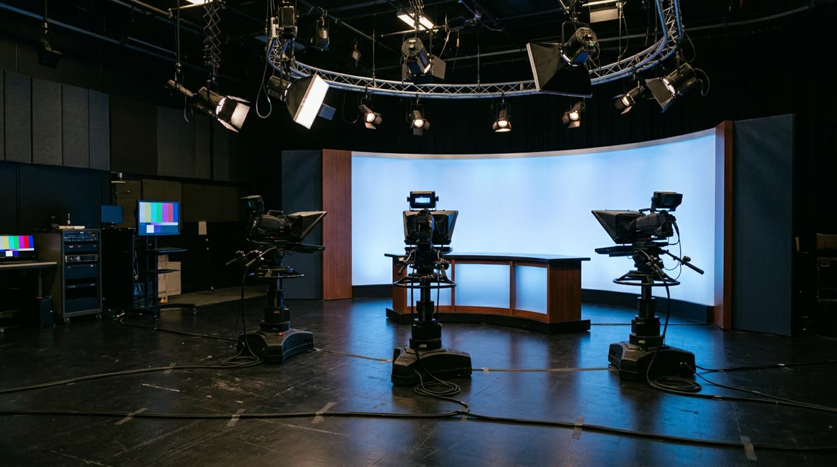 Television studio floor with a lighting grid, pedestal cameras and a plain anchor desk.
