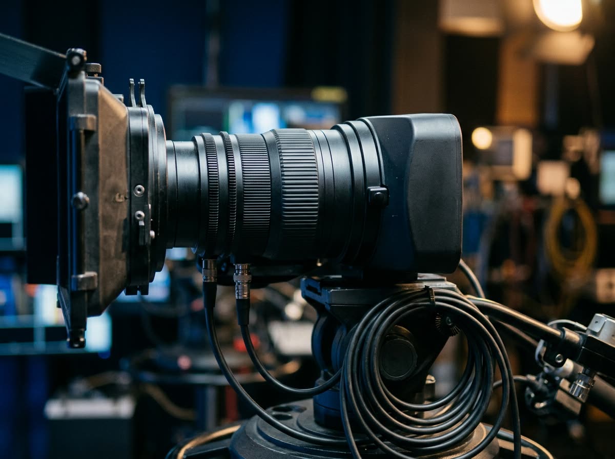 Close-up of a studio camera lens, focus ring and coiled cables under studio lights.
