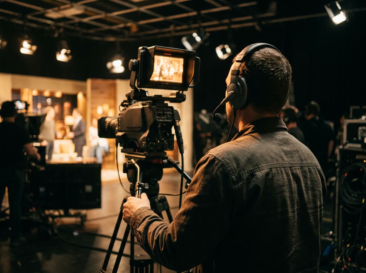 Camera operator seen from behind with a headset, hands on the camera pan bar.