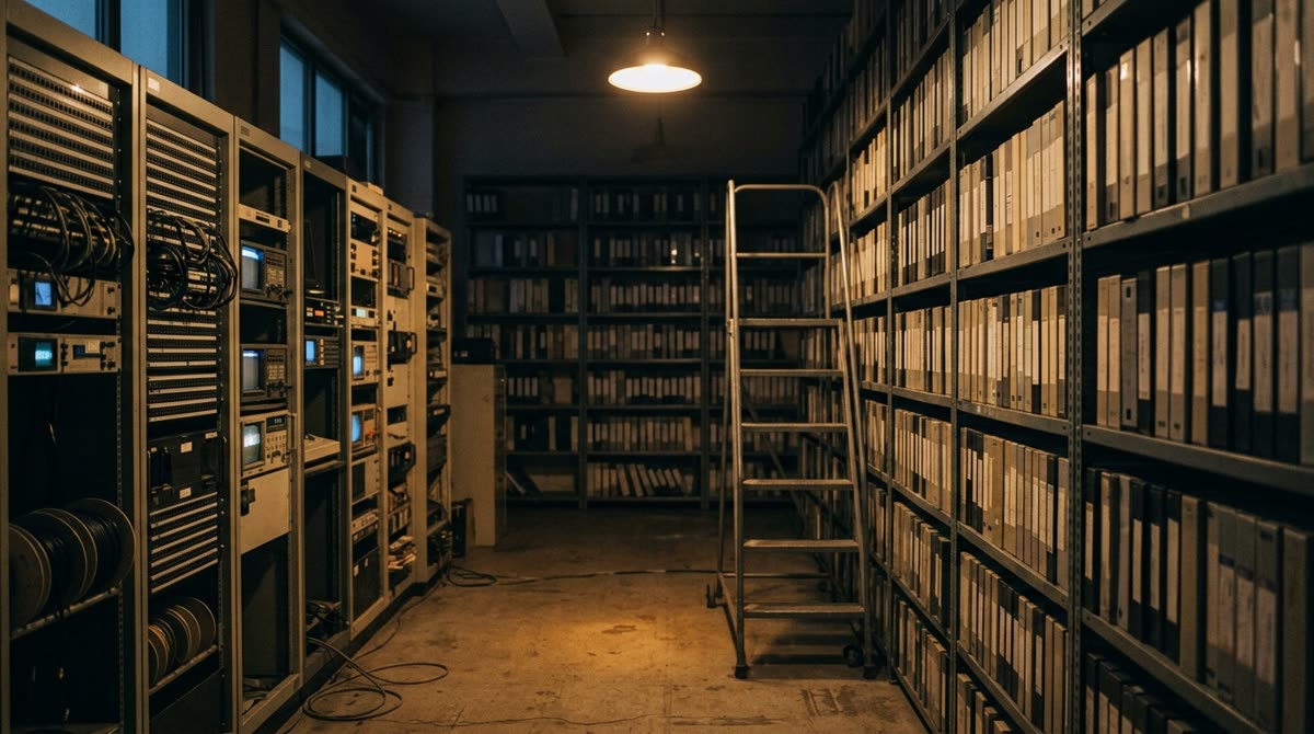 Dim archive room with metal shelves of plain tape cases and old equipment racks.