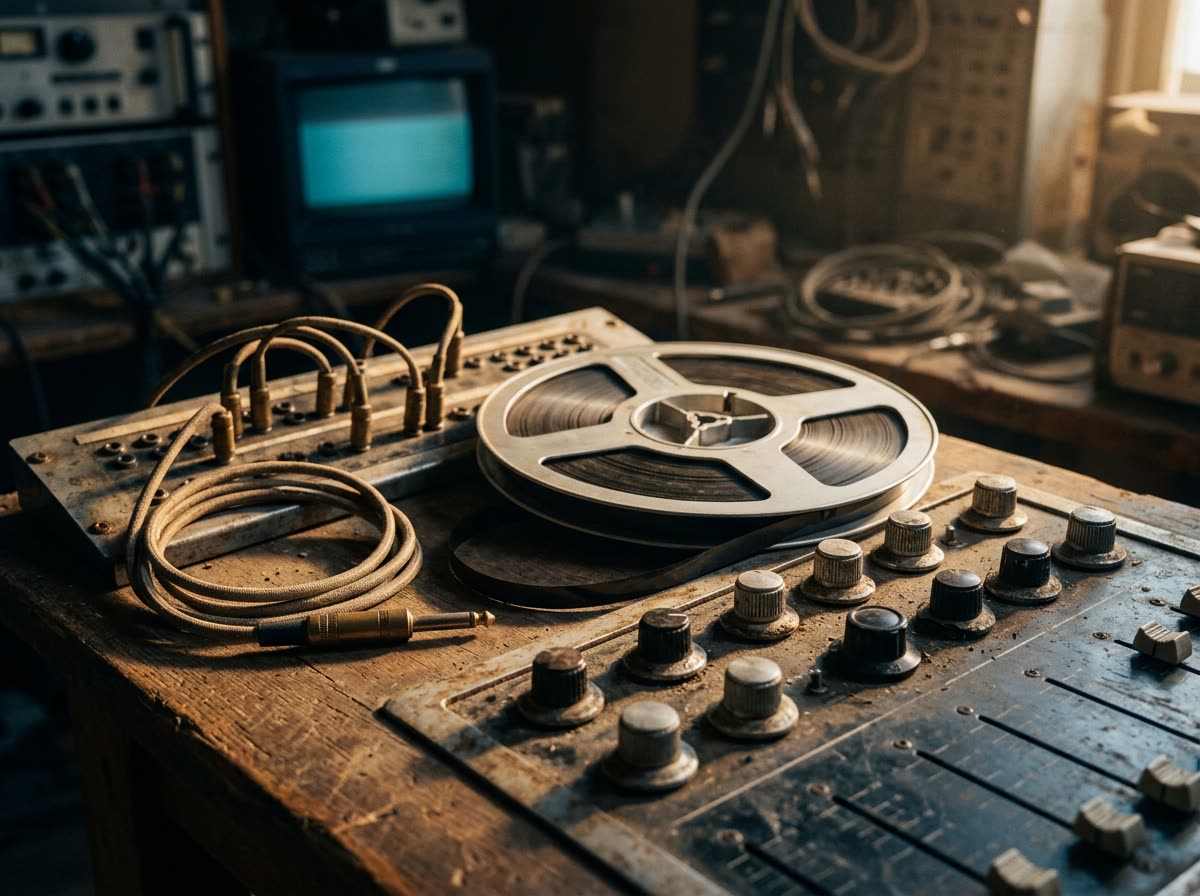 Close-up of an open videotape reel and a worn analog panel of unmarked dials.
