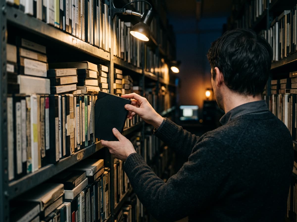 Person seen from behind sliding a plain tape case from a crowded archive shelf.