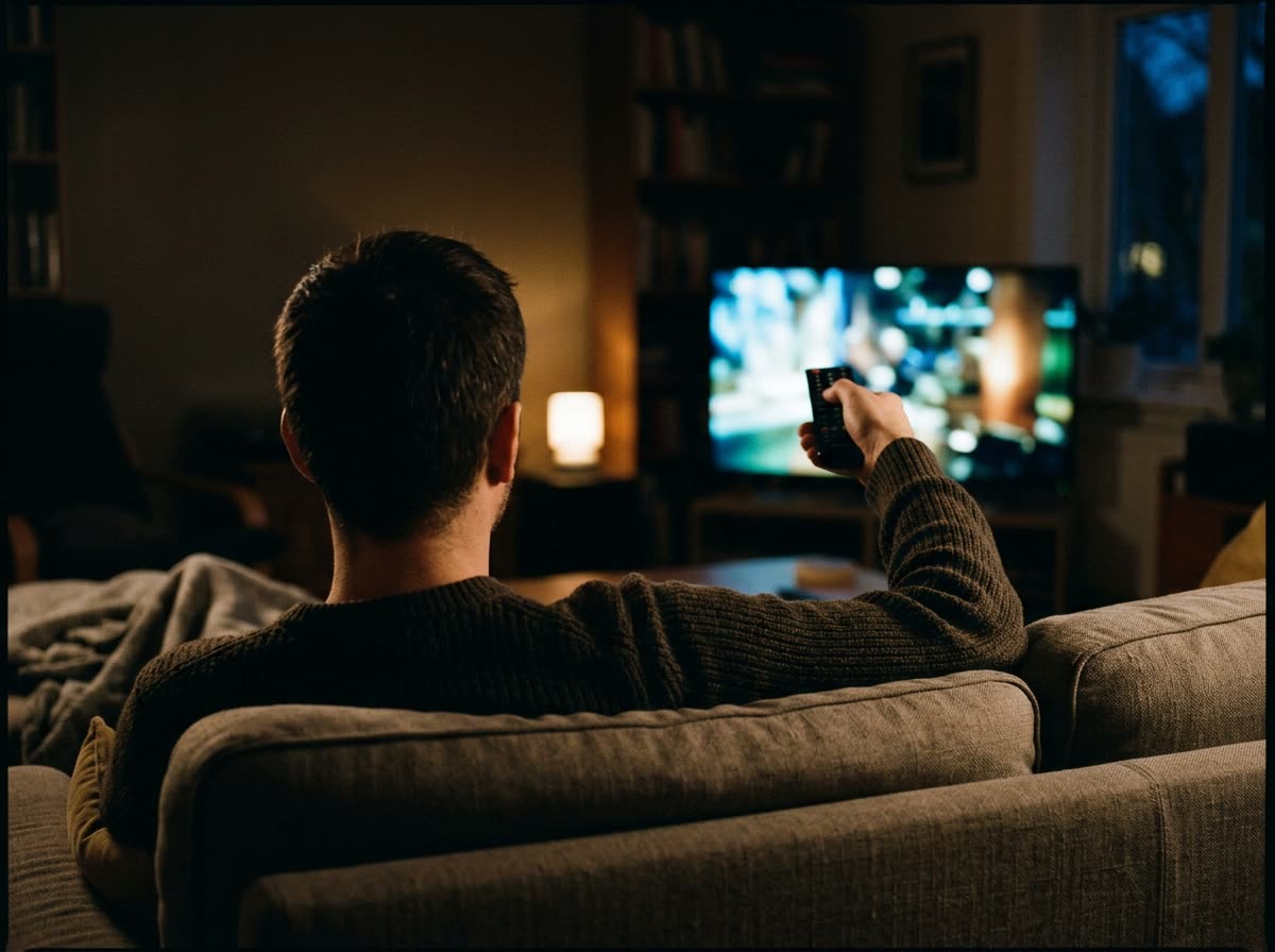 Person on a sofa seen from behind raising a remote toward a glowing television.