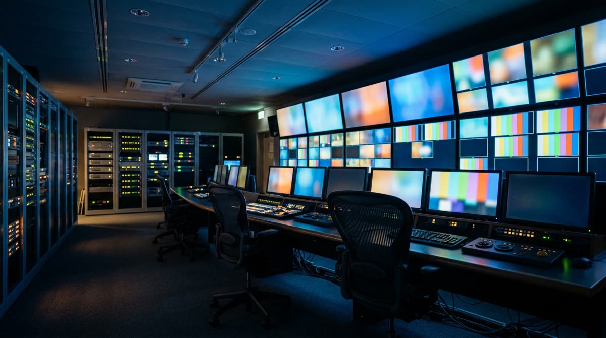 Master control room with a curved desk facing a wall of monitors showing color fields.