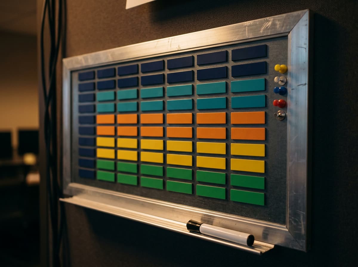 Close view of a planning board with blank colored magnetic strips in a grid.