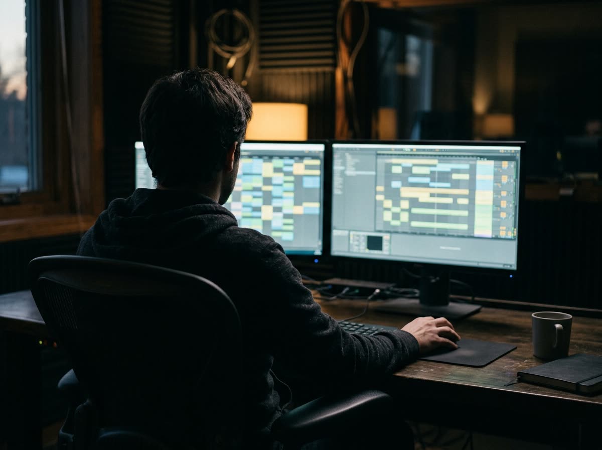 Person seen from behind at a dim desk with two monitors showing abstract grids.